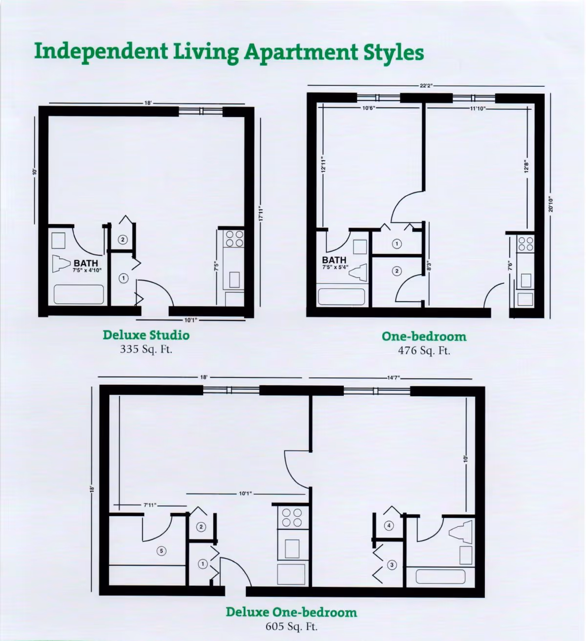 Floor plans for Independent Living Apartment Styles at Day Brook Village Senior Living, showing three layouts: Deluxe Studio (335 sq. ft.), One-bedroom (476 sq. ft.), and Deluxe One-bedroom (605 sq. ft.). Each plan includes dimensions and labeled areas such as bath, kitchen, and living spaces.
