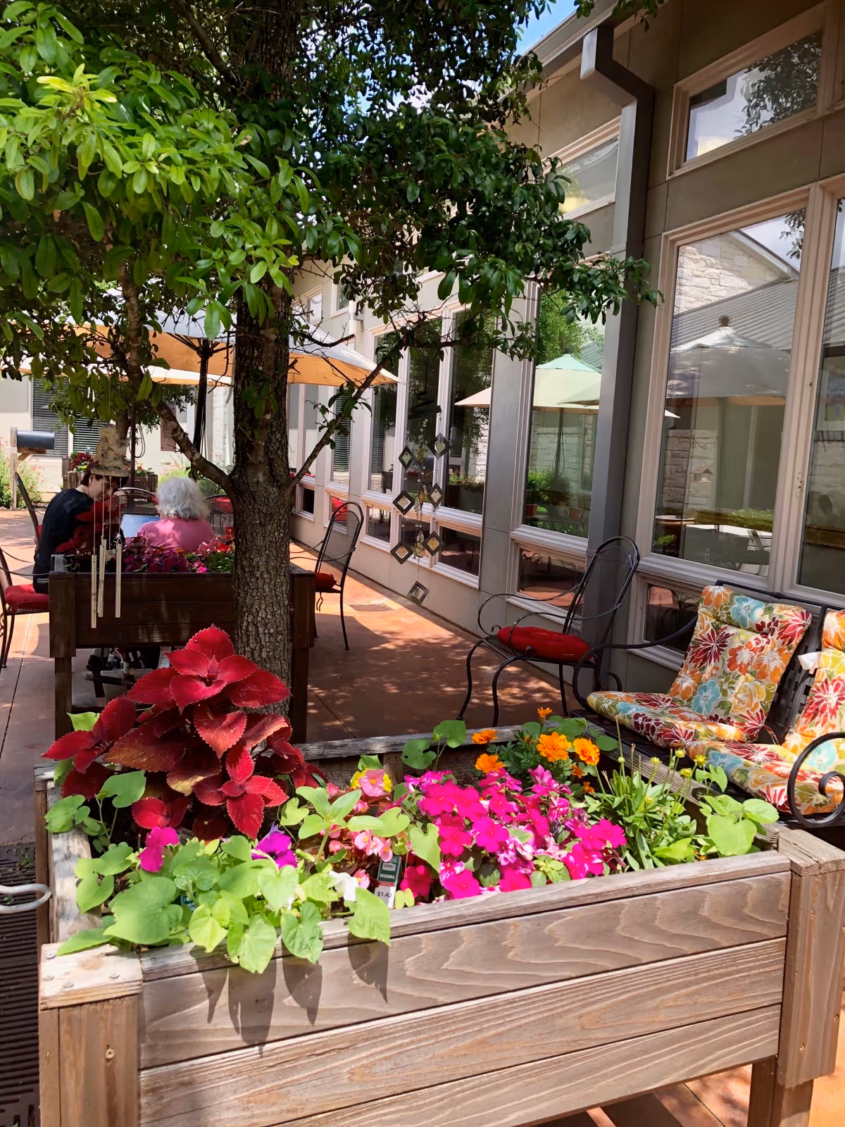 Outdoor patio area with a tree and a raised wooden planter of colorful flowers, metal chairs with patterned cushions, and a shaded seating area by large windows.