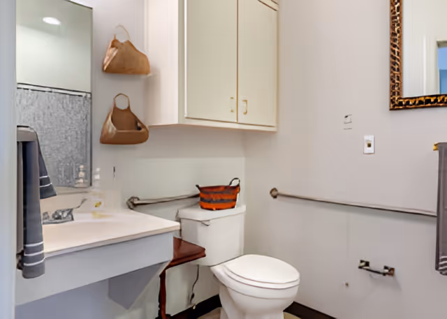 A clean bathroom with a white toilet, a white sink with a countertop, a mirror above the sink, a wall cabinet, and a towel hanging on a bar. There are grab bars on the walls near the toilet and sink for accessibility. A small basket is placed on the toilet tank.