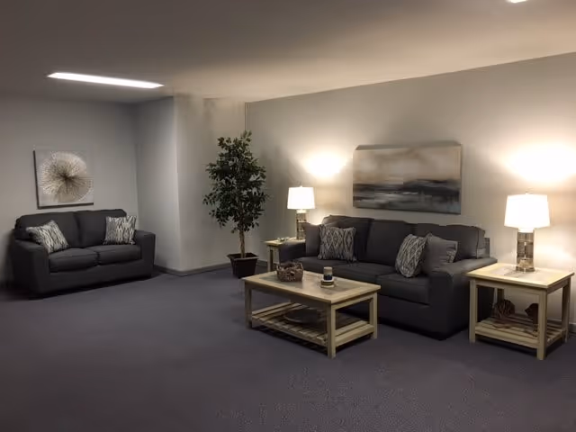 A living room area with two gray sofas, a coffee table, two side tables with lamps, a potted plant, and two pieces of wall art. The room has carpeted flooring and soft lighting.
