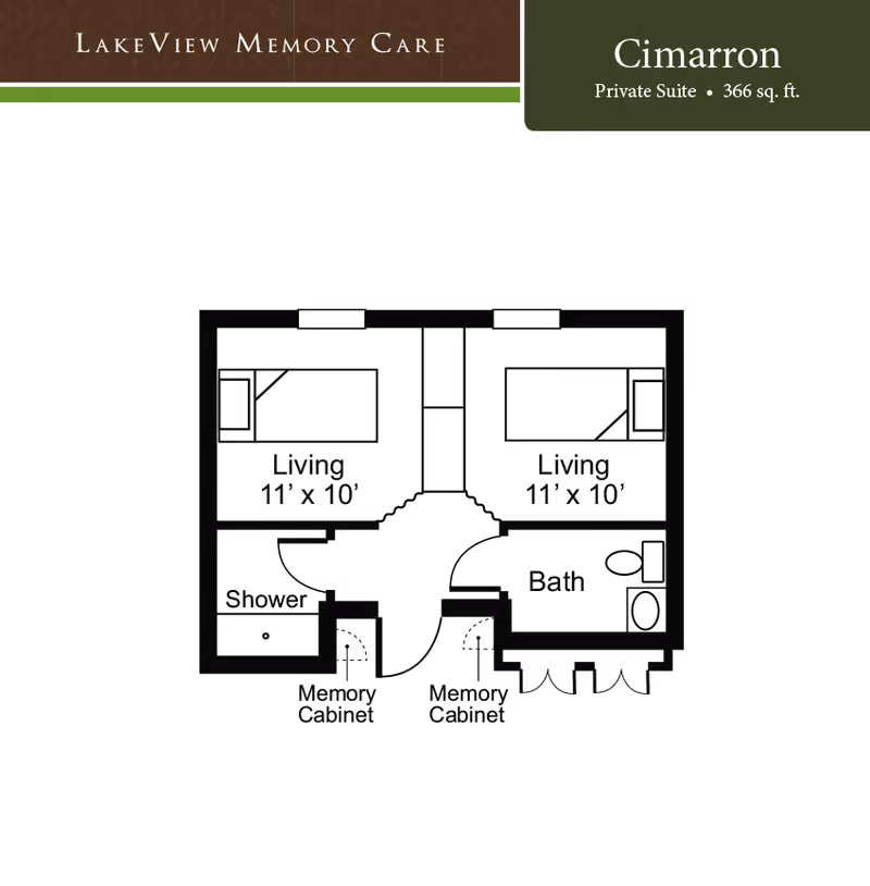 Floor plan of the Cimarron private suite at LakeView Memory Care, showing two living areas each measuring 11 feet by 10 feet, a bath, a shower, and two memory cabinets. The suite is 366 square feet.