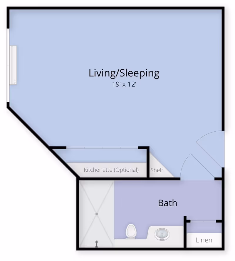 Floor plan of a living/sleeping area measuring 19 feet by 12 feet, with an optional kitchenette, a shelf, and a bathroom that includes a shower, toilet, sink, and a linen closet.