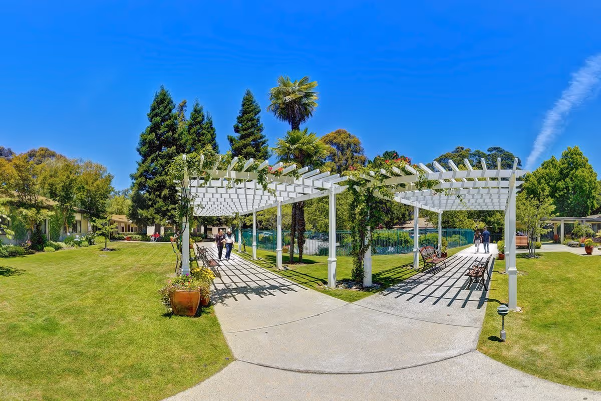Outdoor garden area at Silverado Belmont Hills Memory Care Community featuring a wide concrete pathway with white pergolas covered in climbing plants. There are benches along the pathway and lush green grass on either side. Tall trees and various plants surround the area under a clear blue sky. Two pairs of people are walking along the pathway.