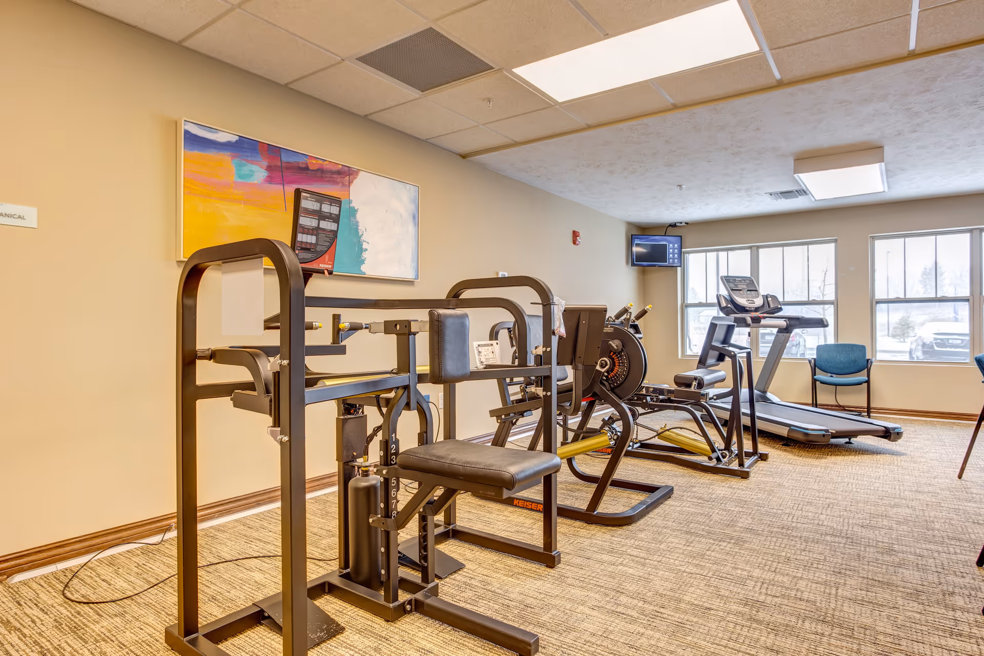 A fitness room in a senior living facility featuring exercise equipment including a seated weight machine, a rowing machine, and a treadmill. The room has beige walls, a carpeted floor, a colorful abstract painting on the wall, and large windows letting in natural light. A small wall-mounted TV is visible near the windows.