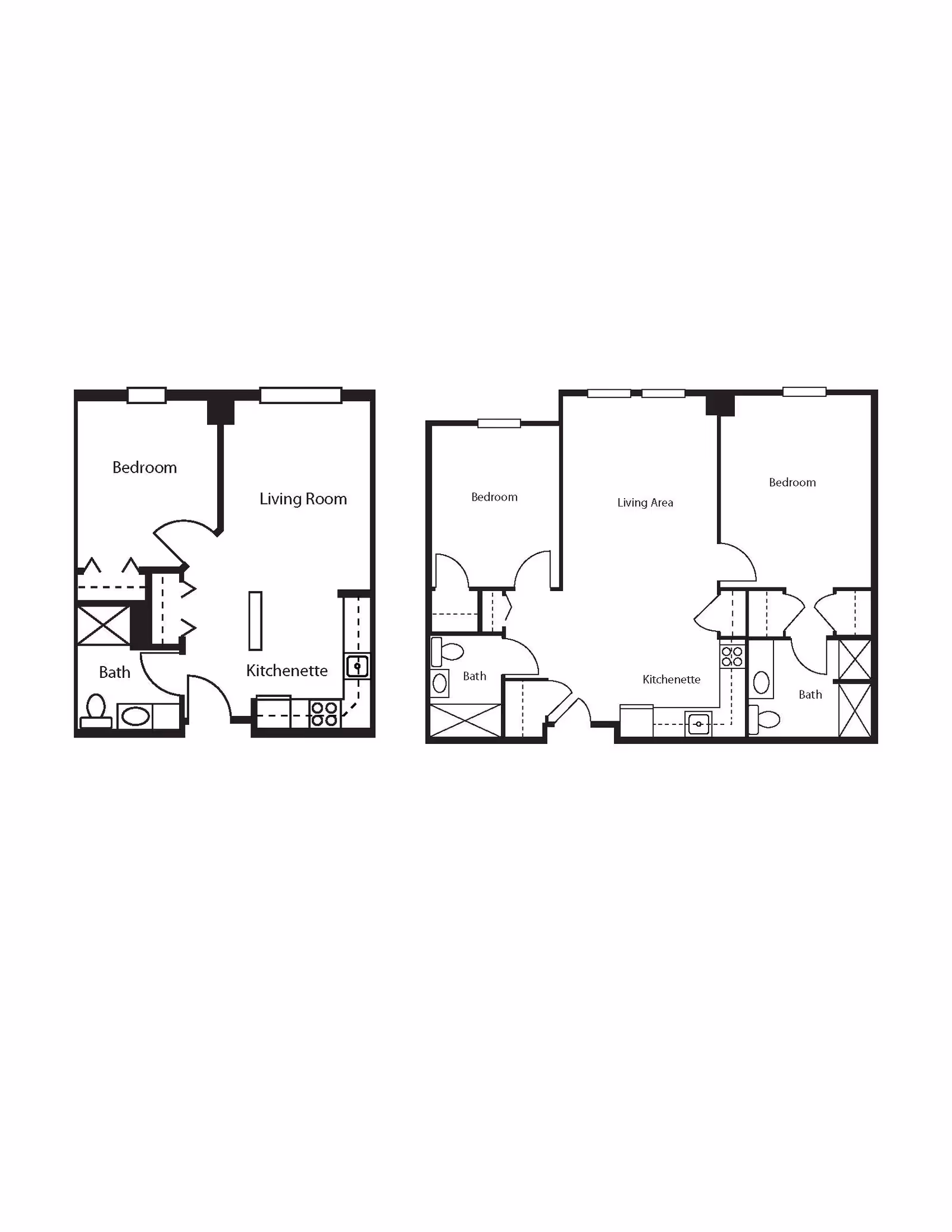 Architectural floor plans showing two apartment layouts. The left layout includes a bedroom, living room, kitchenette, and bathroom. The right layout includes two bedrooms, a living area, kitchenette, and two bathrooms.