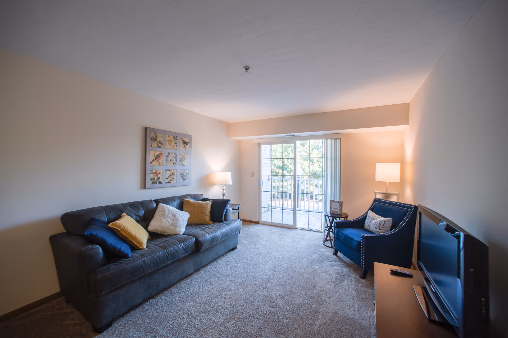 A living room with a dark gray sofa adorned with multiple colorful pillows, a blue armchair with a decorative pillow, two side tables with lamps, a flat-screen TV on a wooden stand, and a sliding glass door leading to a balcony with a view of trees outside.