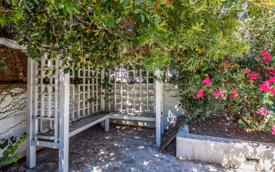 A white wooden pergola bench surrounded by lush green foliage and vibrant pink flowers in an outdoor garden area, with sunlight casting shadows on the ground.