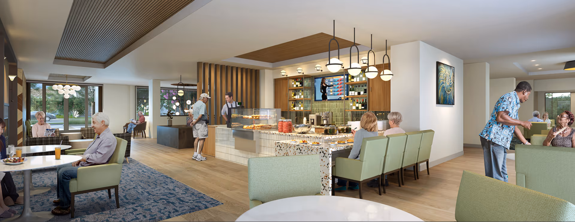 Bright communal dining and café area with a central service counter, seating booths and tables, and residents and staff interacting.