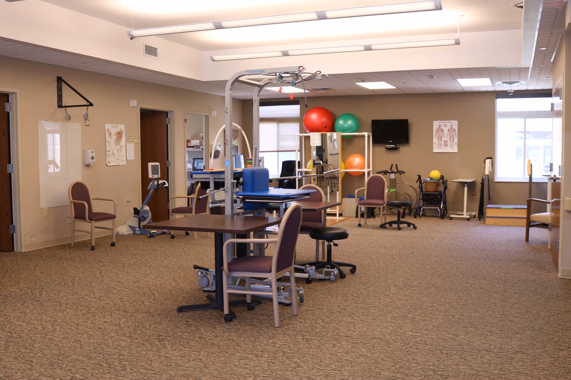 A spacious therapy room with exercise equipment, therapy tables, chairs, and colorful exercise balls. The room has beige walls, carpeted floor, and large windows letting in natural light. Anatomical charts and a wall-mounted TV are visible on the walls.