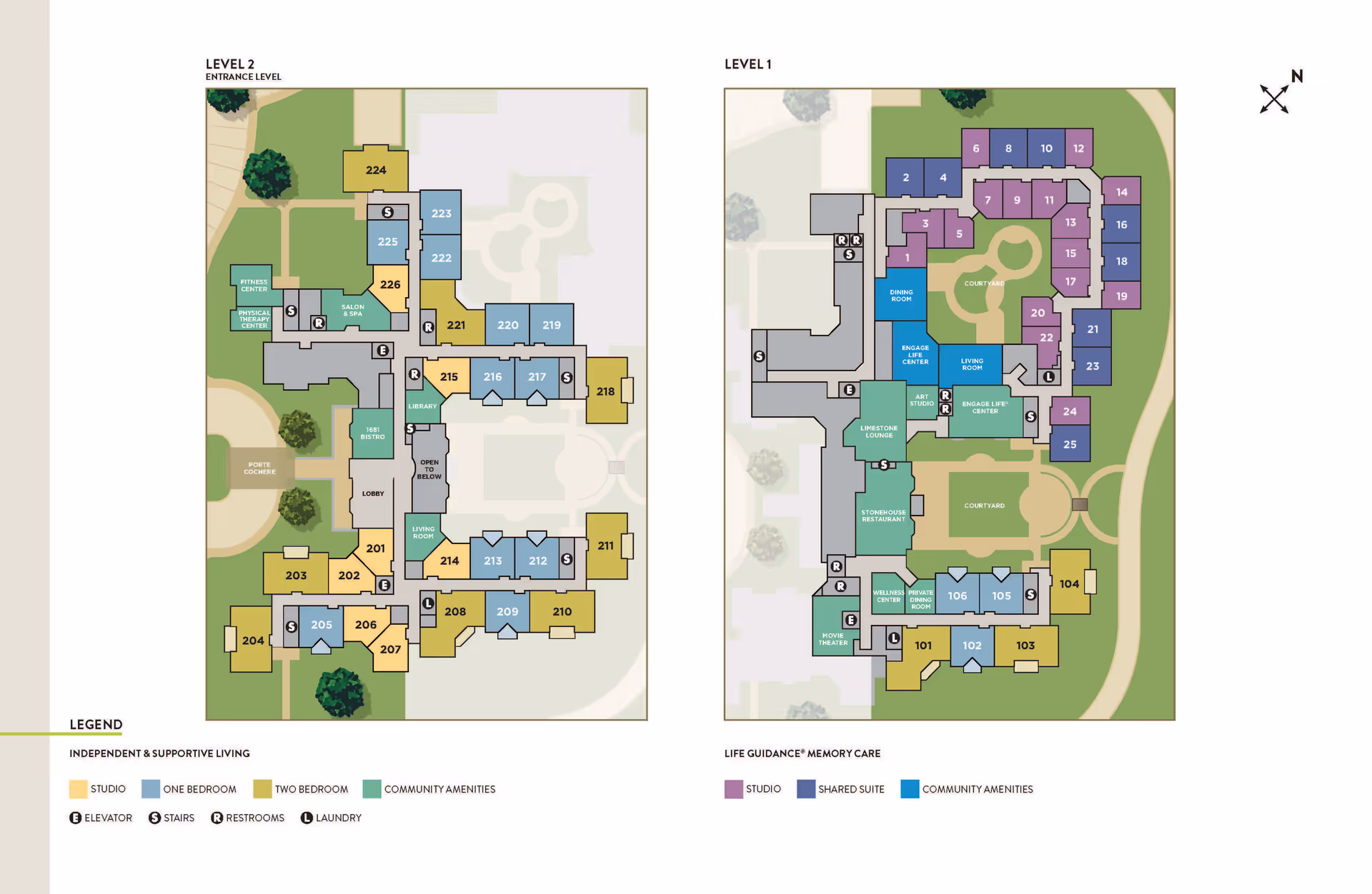 Floor plan of Atria Lafayette Hill showing two levels. Level 2 includes independent and supportive living with studio, one-bedroom, and two-bedroom units, along with community amenities like a fitness center, physical therapy center, salon & spa, library, bistro, and living room. Level 1 is designated for Life Guidance Memory Care with studio and shared suite units, community amenities including a dining room, engage life center, art studio, limestone lounge, stonehouse restaurant, wellness center, private dining room, and movie theater. Elevators, stairs, restrooms, and laundry areas are marked throughout the layout.
