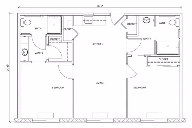 Architectural floor plan of a two-bedroom apartment with two bathrooms, a kitchen, and a living area. Each bedroom has a closet and an attached bathroom with a vanity. The kitchen is centrally located between the two bedrooms and opens into the living area.