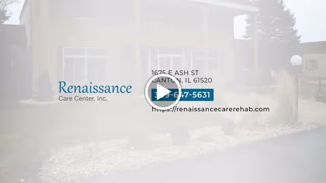 Front exterior of the Renaissance Care Center building with overlaid contact details and a play-button video icon.