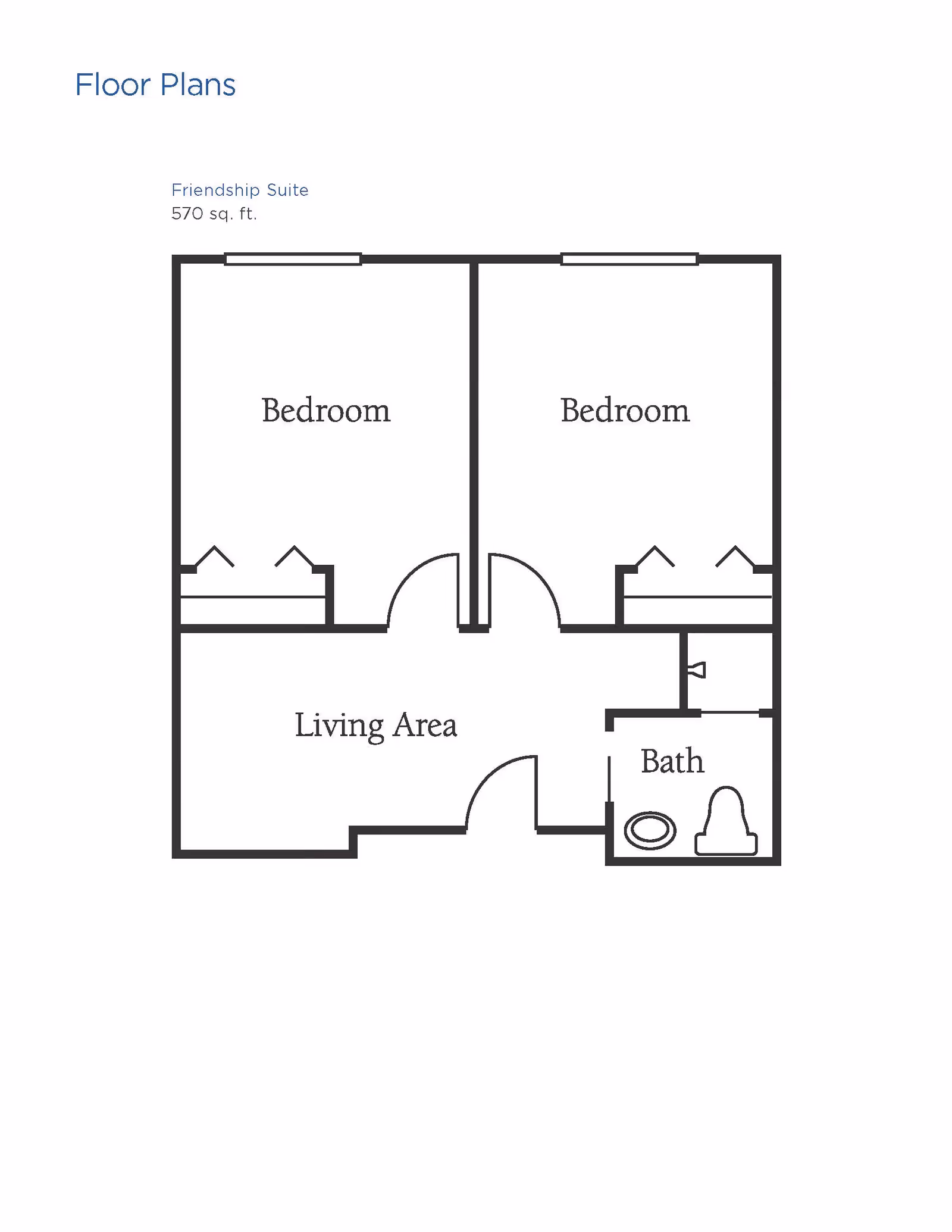 Floor plan labeled Friendship Suite with 570 square feet, showing two bedrooms, a living area, and a bathroom with toilet and sink.