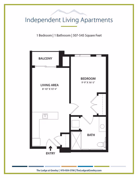 Black-and-white floor plan of a one-bedroom, one-bathroom independent living apartment showing a living area, bedroom, bath, balcony and entry.
