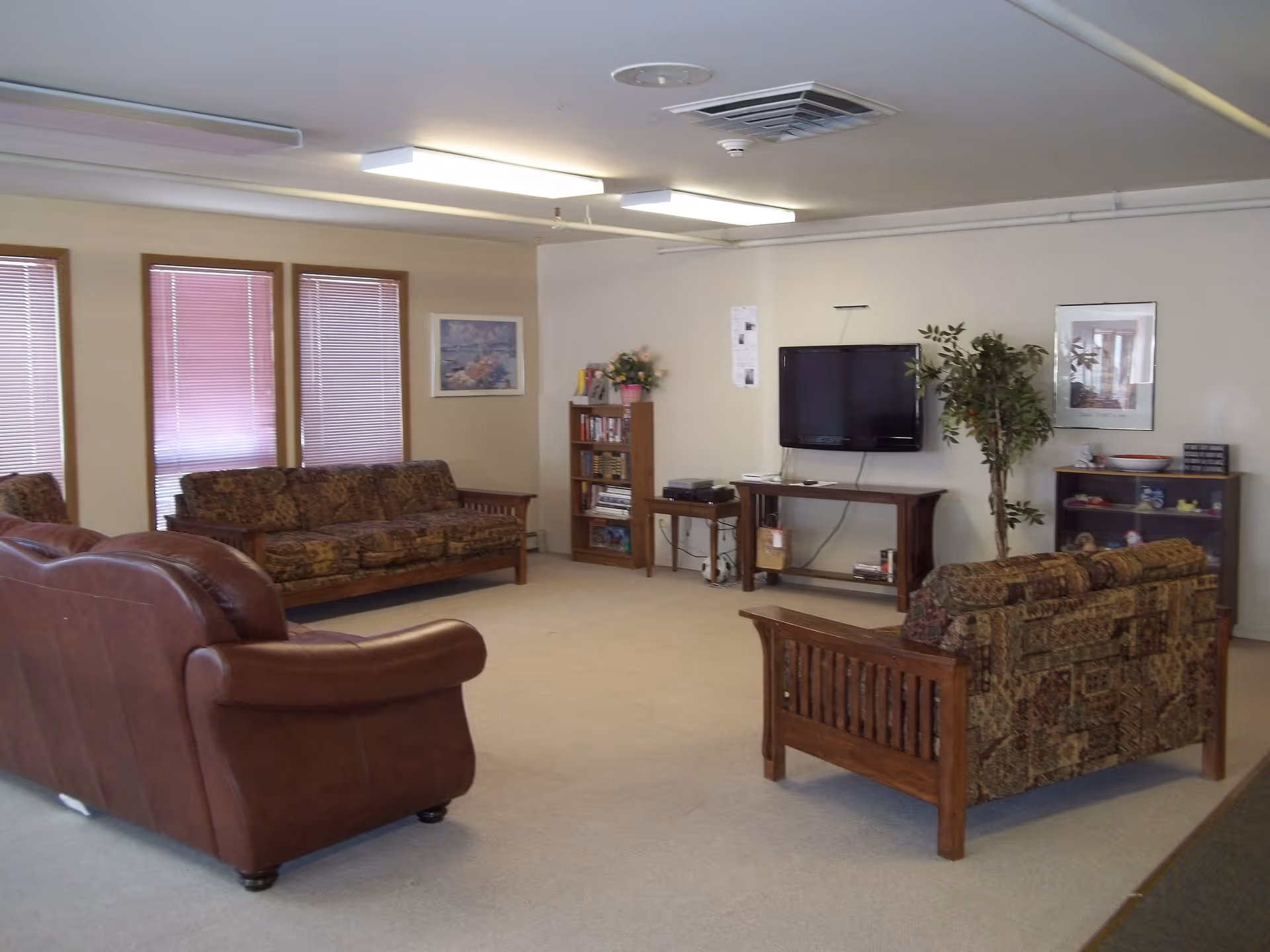 A living room area in an assisted living facility with multiple sofas arranged around a wall-mounted flat screen TV. The room has beige walls, three windows with closed blinds, a bookshelf, a small cabinet with decorative items, and a potted plant.