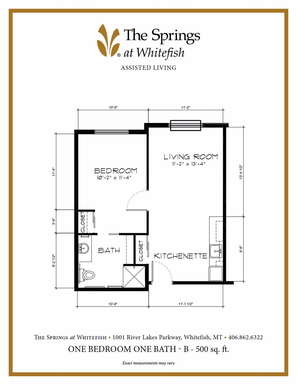 Floor plan of a one bedroom, one bath assisted living apartment at The Springs at Whitefish. The layout includes a bedroom measuring 10 feet 2 inches by 11 feet 4 inches, a living room measuring 11 feet 2 inches by 13 feet 4 inches, a kitchenette, a bathroom, and two closets. The total area is 500 square feet.