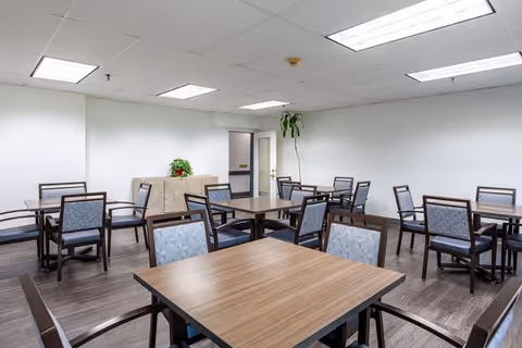 A bright room with multiple square wooden tables and chairs arranged neatly, a potted plant on a cabinet against the wall, and a tall plant in the corner under fluorescent ceiling lights.
