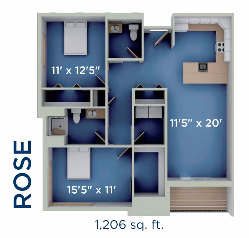Floor plan layout of the Rose apartment at Harrison on 5th by Senior Star, showing two bedrooms, two bathrooms, a kitchen, and living area with dimensions and total area of 1,206 square feet.