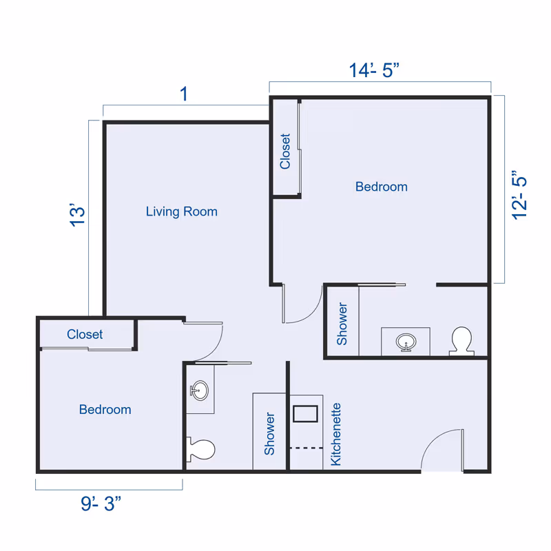 Floor plan of a senior living unit at Carlton Senior Living San Leandro showing two bedrooms, two showers, two closets, a living room, and a kitchenette with dimensions labeled.