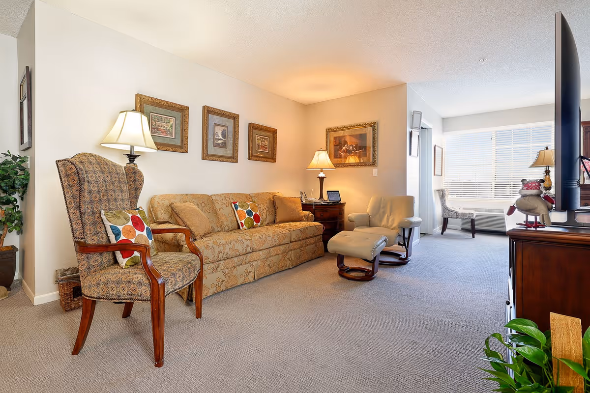 Sunny living room with patterned sofa and armchairs, side tables and lamps, framed wall art, and a TV cabinet by a large window.