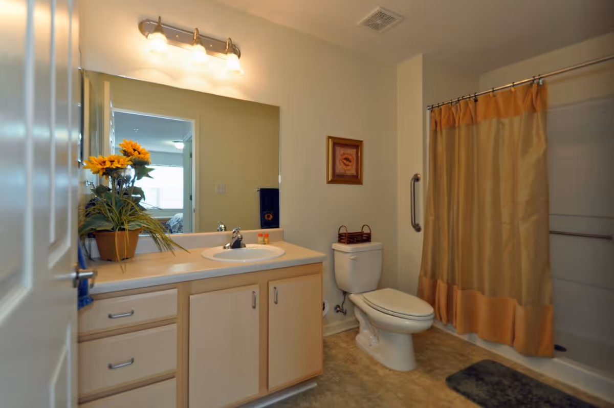 A bathroom with a light wood vanity featuring a sink and a large mirror above it. There is a potted plant with sunflowers on the counter. The bathroom includes a toilet next to a bathtub with a beige and orange shower curtain. A framed picture hangs on the wall above the toilet, and a grab bar is installed next to the bathtub.
