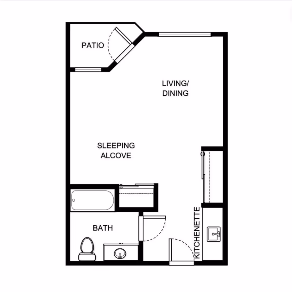 Black-and-white floor plan of a studio layout showing a living/dining area, sleeping alcove, kitchenette, bath, and a patio.