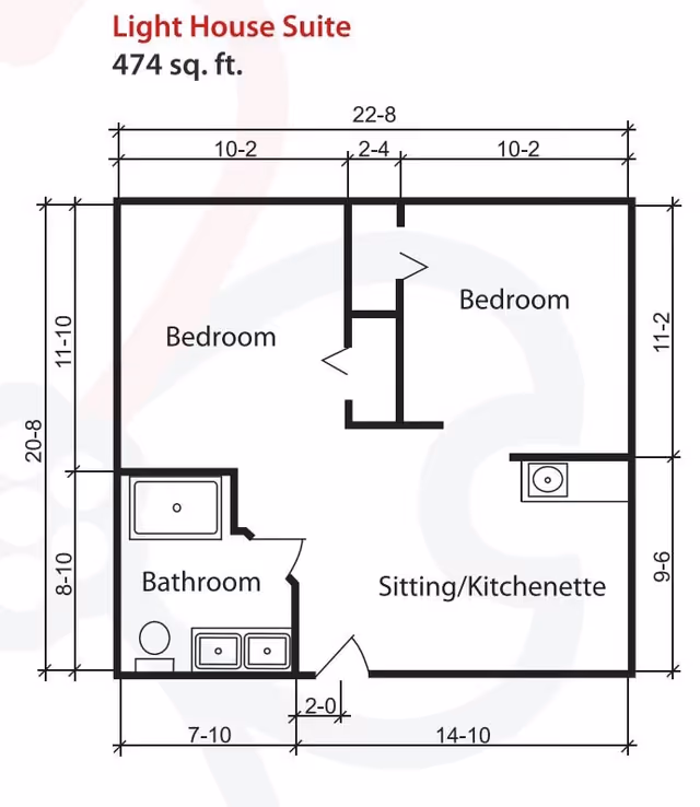 Floor plan of the Light House Suite at Village Cove Assisted Living, showing a total area of 474 square feet. The layout includes two bedrooms, a bathroom with a bathtub, toilet, and double sink, and a sitting/kitchenette area with a sink. Dimensions of each room and overall suite are marked.