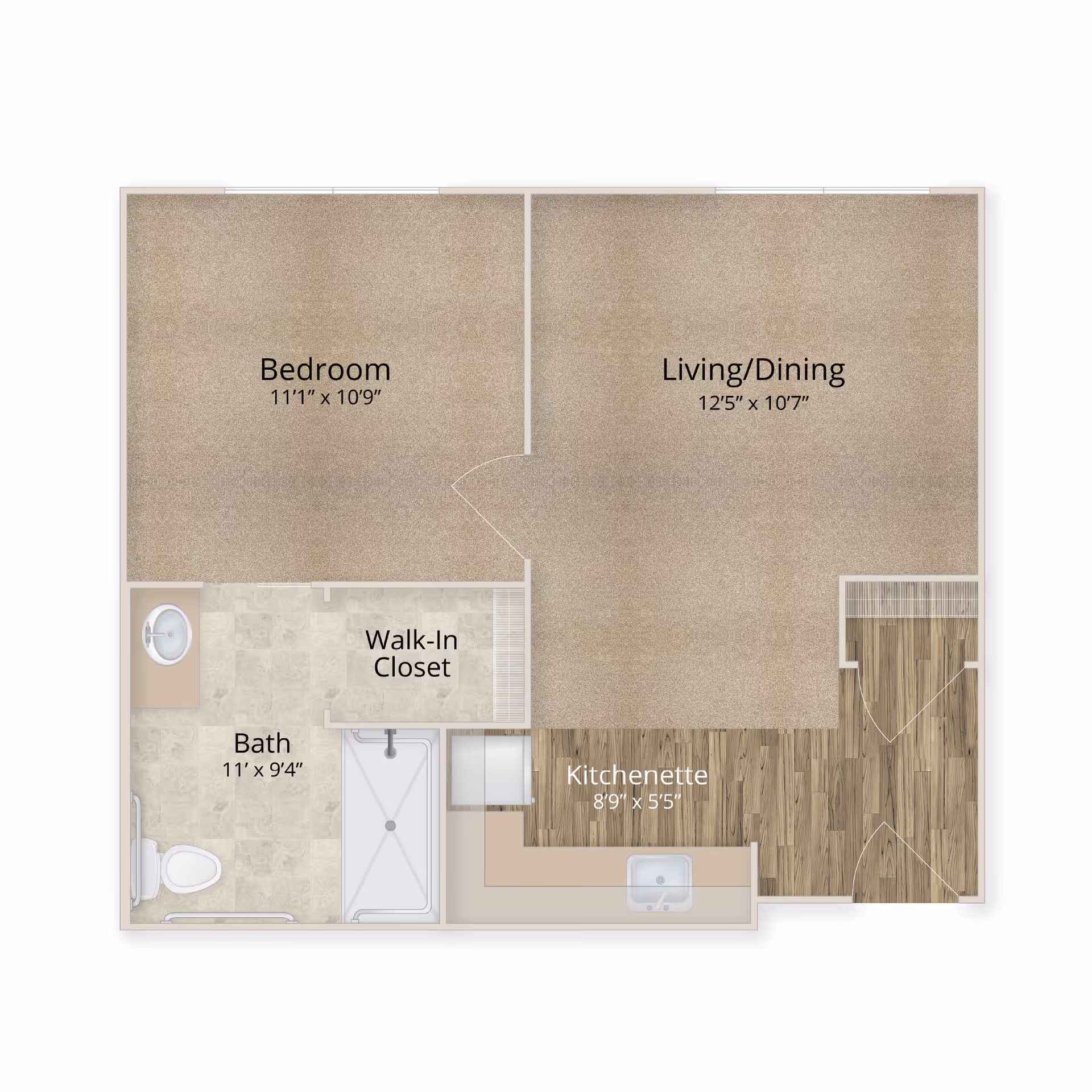 Floor plan of a living space at Clear Fork Assisted Living and Memory Care showing a bedroom measuring 11 feet 1 inch by 10 feet 9 inches, a living/dining area measuring 12 feet 5 inches by 10 feet 7 inches, a bath measuring 11 feet by 9 feet 4 inches, a walk-in closet, and a kitchenette measuring 8 feet 9 inches by 5 feet 5 inches.
