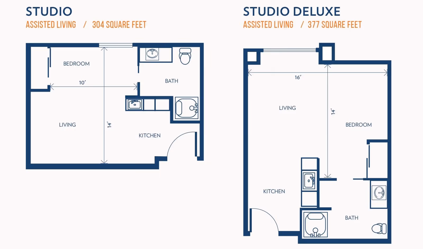 Floor plans for two assisted living studio apartments at Bethesda Gardens Thornton Assisted Living and Memory Care. The first plan is a 304 square feet studio with a bedroom, living area, kitchen, and bathroom. The second plan is a 377 square feet studio deluxe with a living area, bedroom, kitchen, and bathroom.