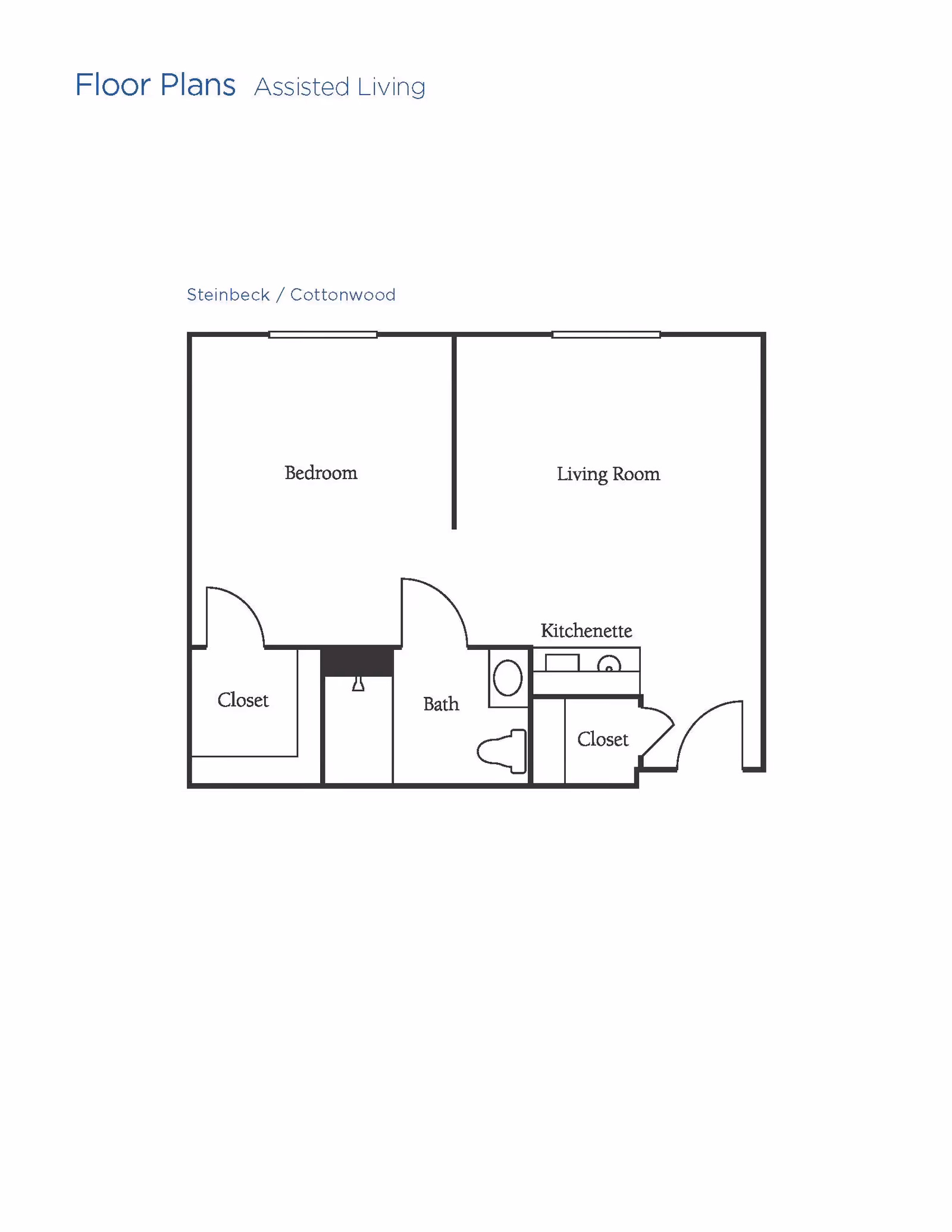 Floor plan layout for an assisted living unit named Steinbeck / Cottonwood, showing a bedroom with a closet, a living room, a bath, a kitchenette, and another closet near the entrance.