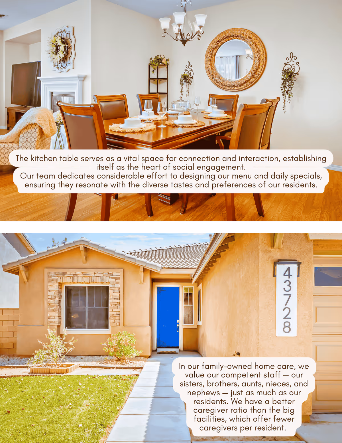 Top image shows a dining room with a wooden dining table set for six with white plates, glasses, and placemats. The room has a chandelier, a round decorative mirror on the wall, and some wall-mounted greenery. Bottom image shows the front exterior of a single-story house with a blue front door, a window with stone trim, a garage, and a walkway leading to the entrance. The house number 43728 is displayed next to the door.