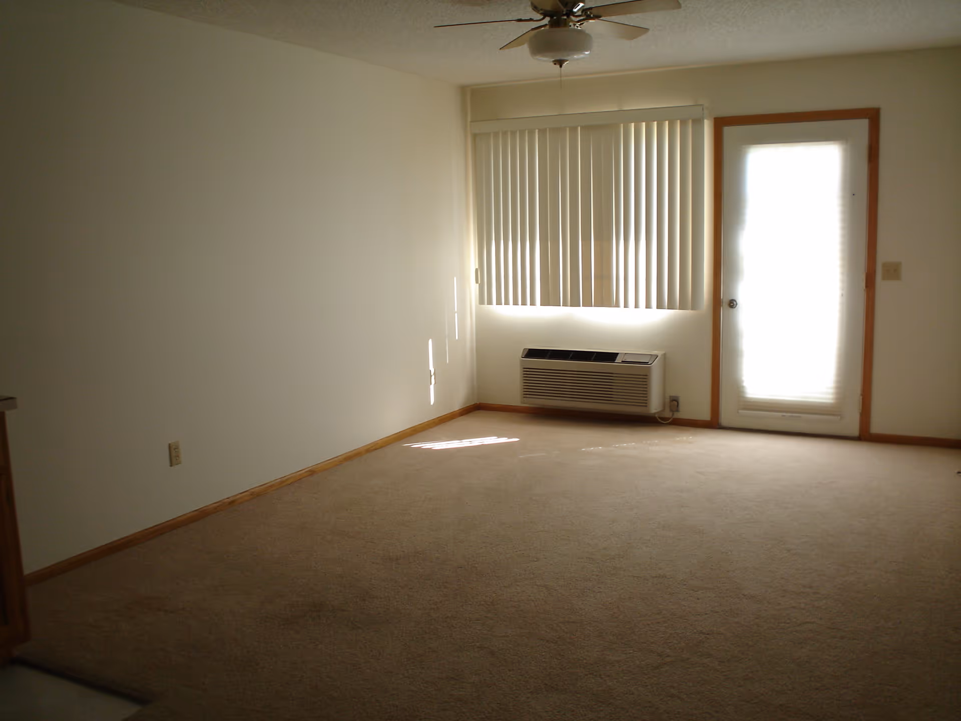 Empty carpeted living room with vertical blinds, a wall air conditioner below the window, and a door with a frosted-glass panel.