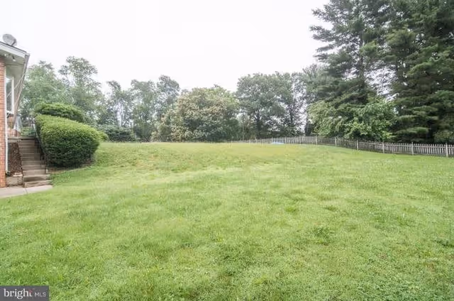 A grassy backyard area with a slight hill, bordered by trees and a wooden fence. On the left side, there are concrete steps leading up to a brick building partially visible in the image.