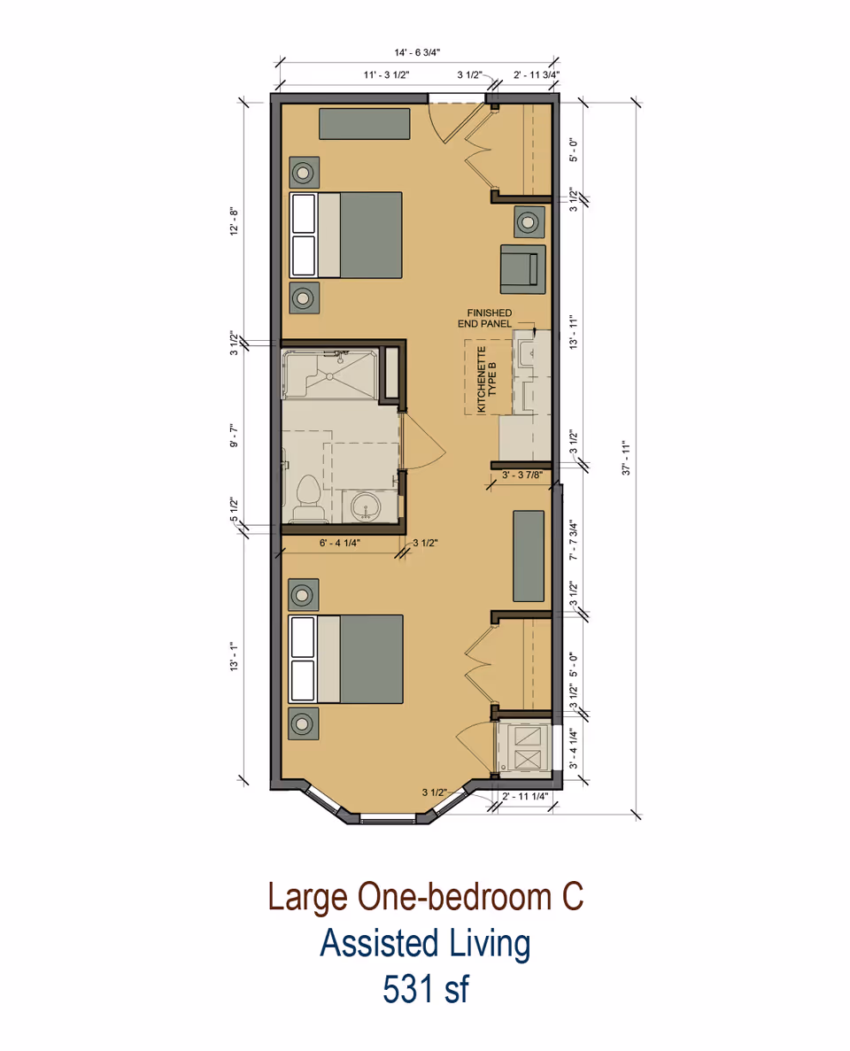 Architectural floor plan of a large one-bedroom assisted living unit labeled 'Large One-bedroom C' with 531 square feet. The layout includes a bedroom area with a bed and nightstands, a bathroom with a toilet, sink, and shower, a kitchenette labeled 'Type B', and a living area with seating. Dimensions of the rooms and walls are marked around the plan.
