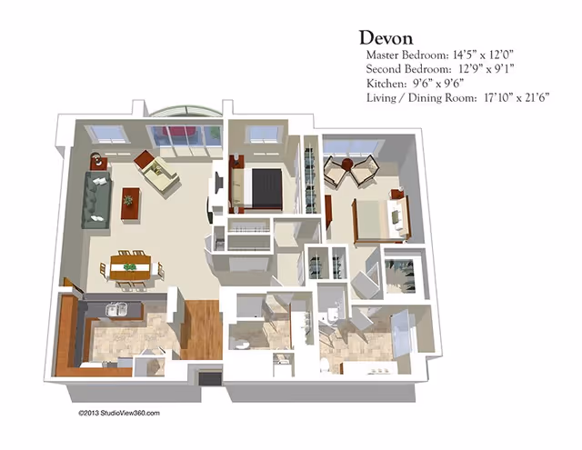3D floor plan of the Devon apartment layout showing two bedrooms, a kitchen, and a combined living and dining room area. The master bedroom measures 14'5" x 12'0", the second bedroom is 12'9" x 9'1", the kitchen is 9'6" x 9'6", and the living/dining room is 17'10" x 21'6". The layout includes furniture placement and room dimensions.