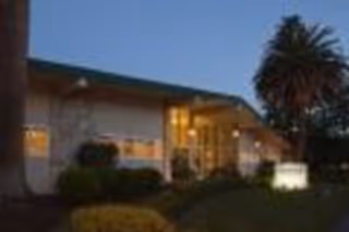 Exterior front of a single-story senior living facility at dusk with a lit entrance, landscaped bushes, and a palm tree.