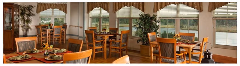 A bright dining room with multiple wooden tables and chairs arranged neatly. Each table is set with green napkins and small flower centerpieces. Large windows with blinds and valances let in natural light and offer a view of the outdoors. There are potted plants placed around the room, adding a touch of greenery.