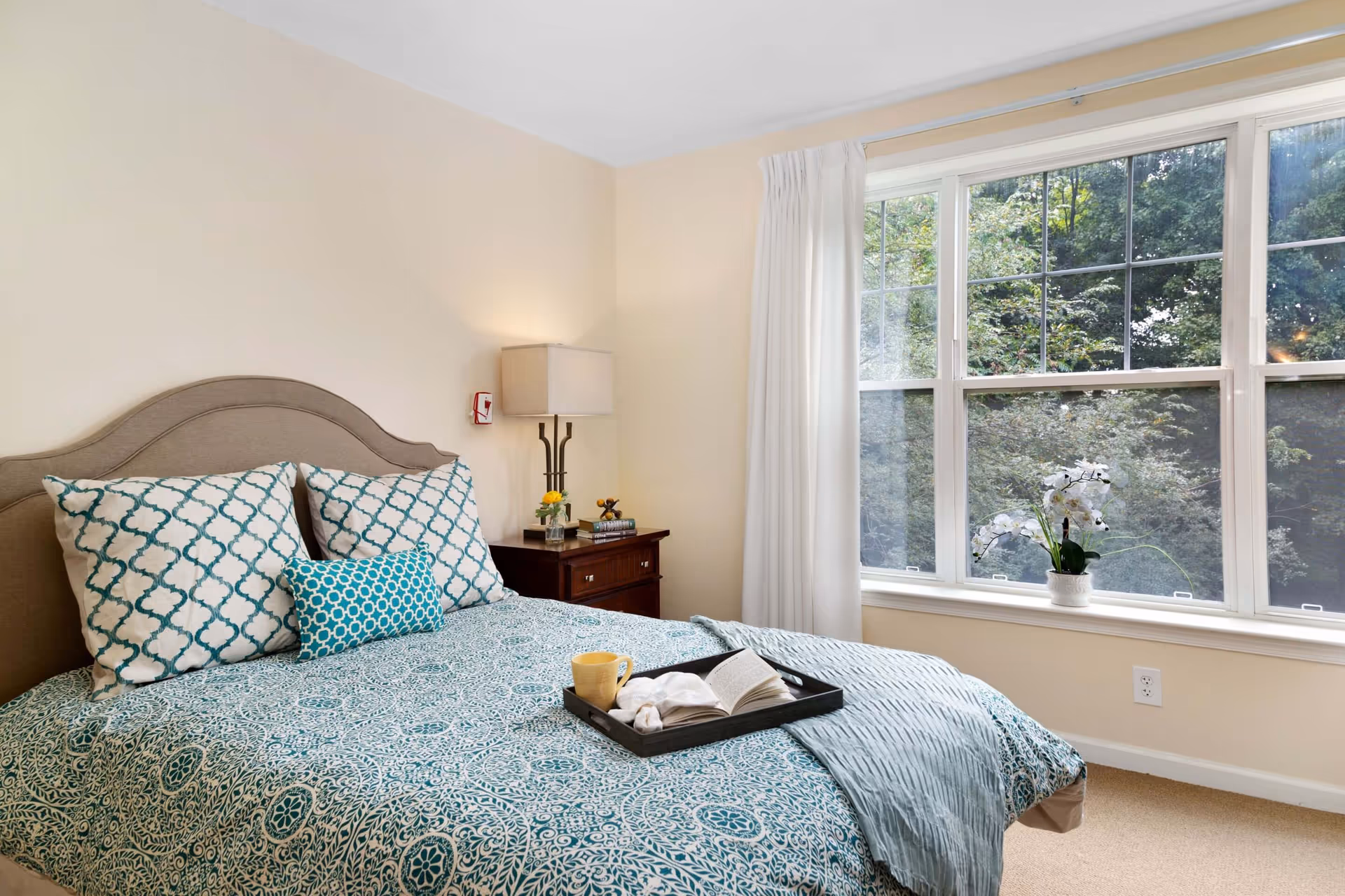 Cozy bedroom with teal patterned bedding, a nightstand, lamp, and large window overlooking greenery.