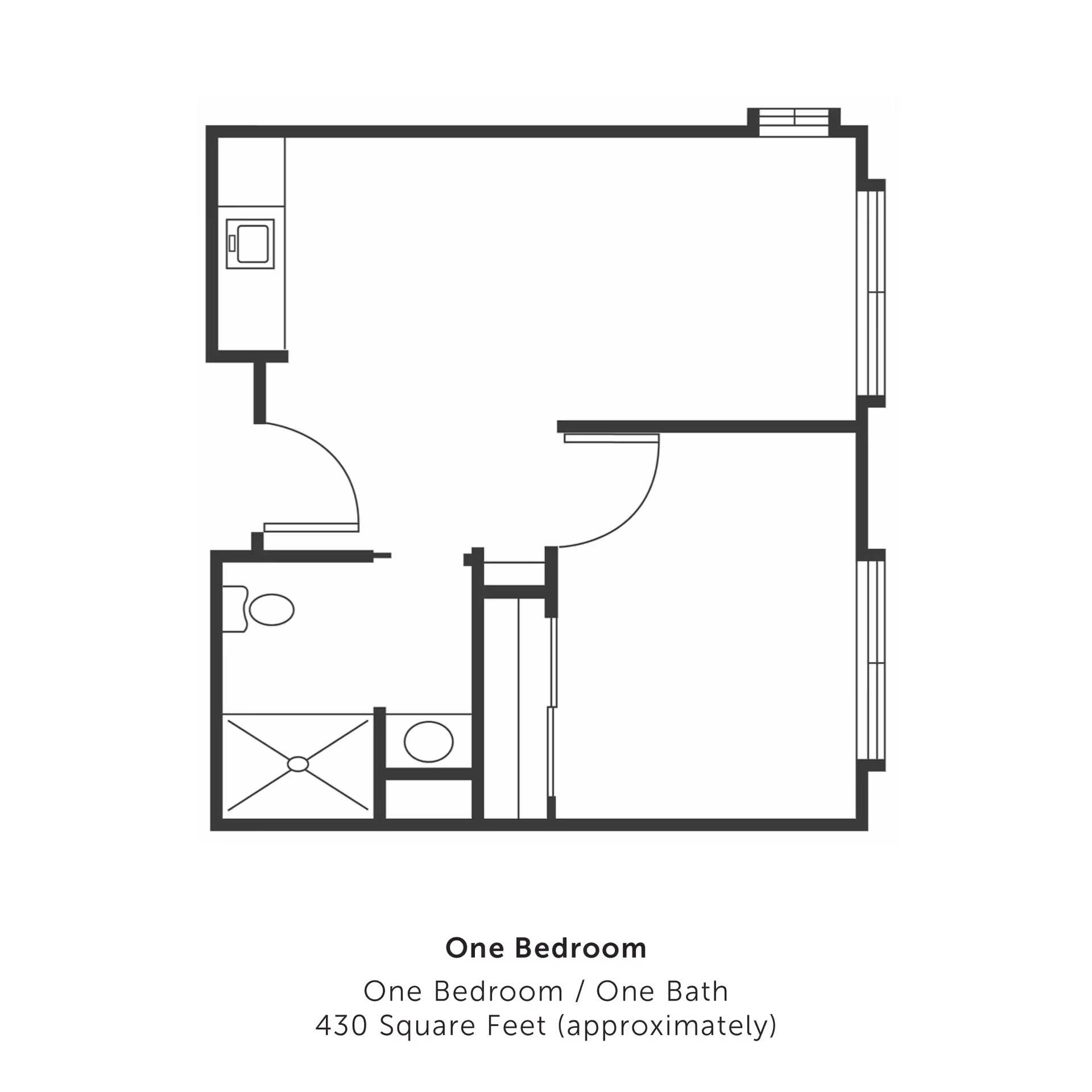 Floor plan of a one-bedroom, one-bath apartment approximately 430 square feet, showing a bedroom, bathroom with shower and toilet, and a kitchen area.