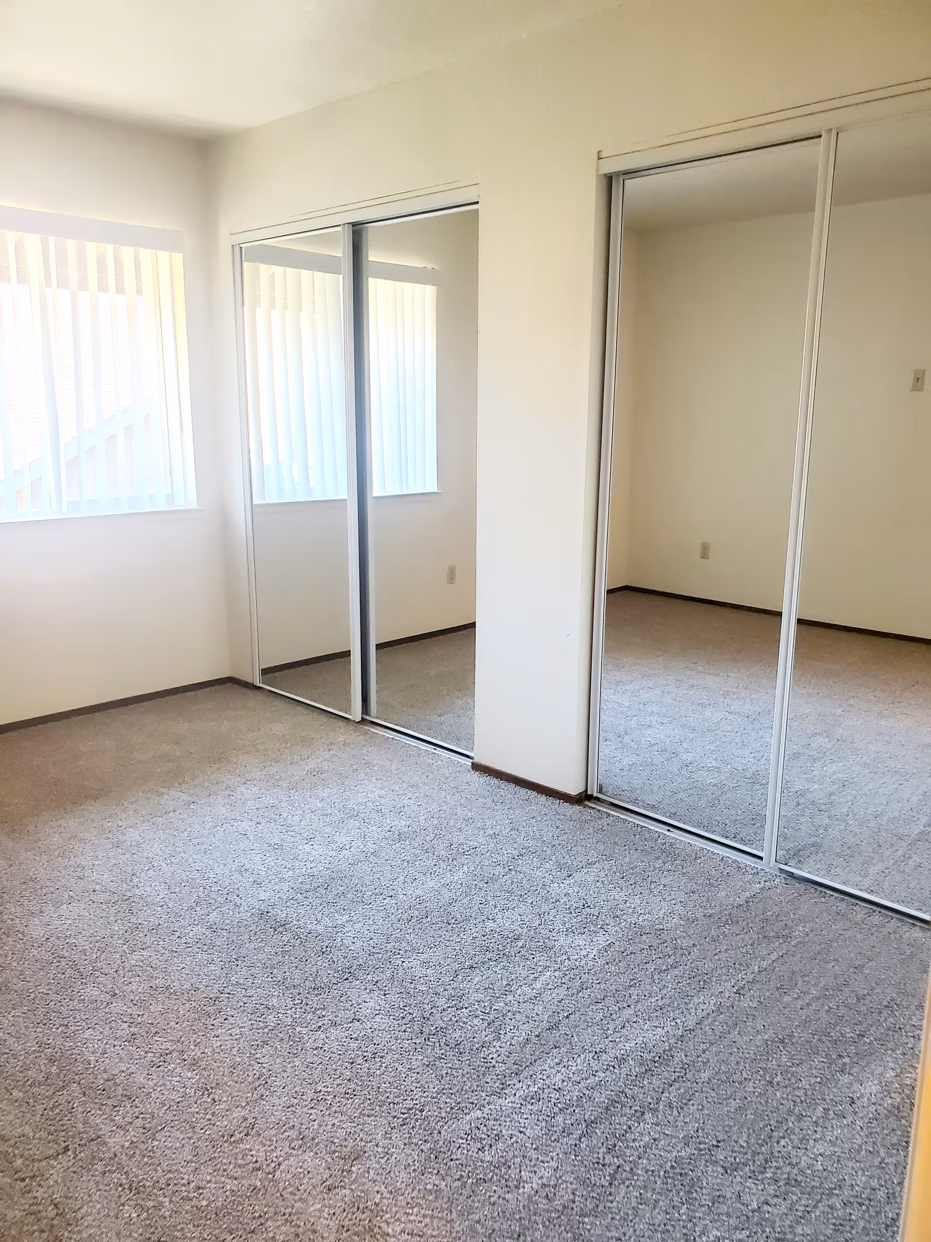 Empty room with light gray carpet, white walls, two windows with vertical blinds, and two large mirrored sliding closet doors.