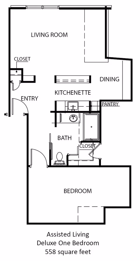 Floor plan of an assisted living deluxe one-bedroom apartment at Greenbriar Village, showing a living room, dining area, kitchenette, pantry, bathroom with tub and toilet, bedroom, entry, and closets, covering 558 square feet.