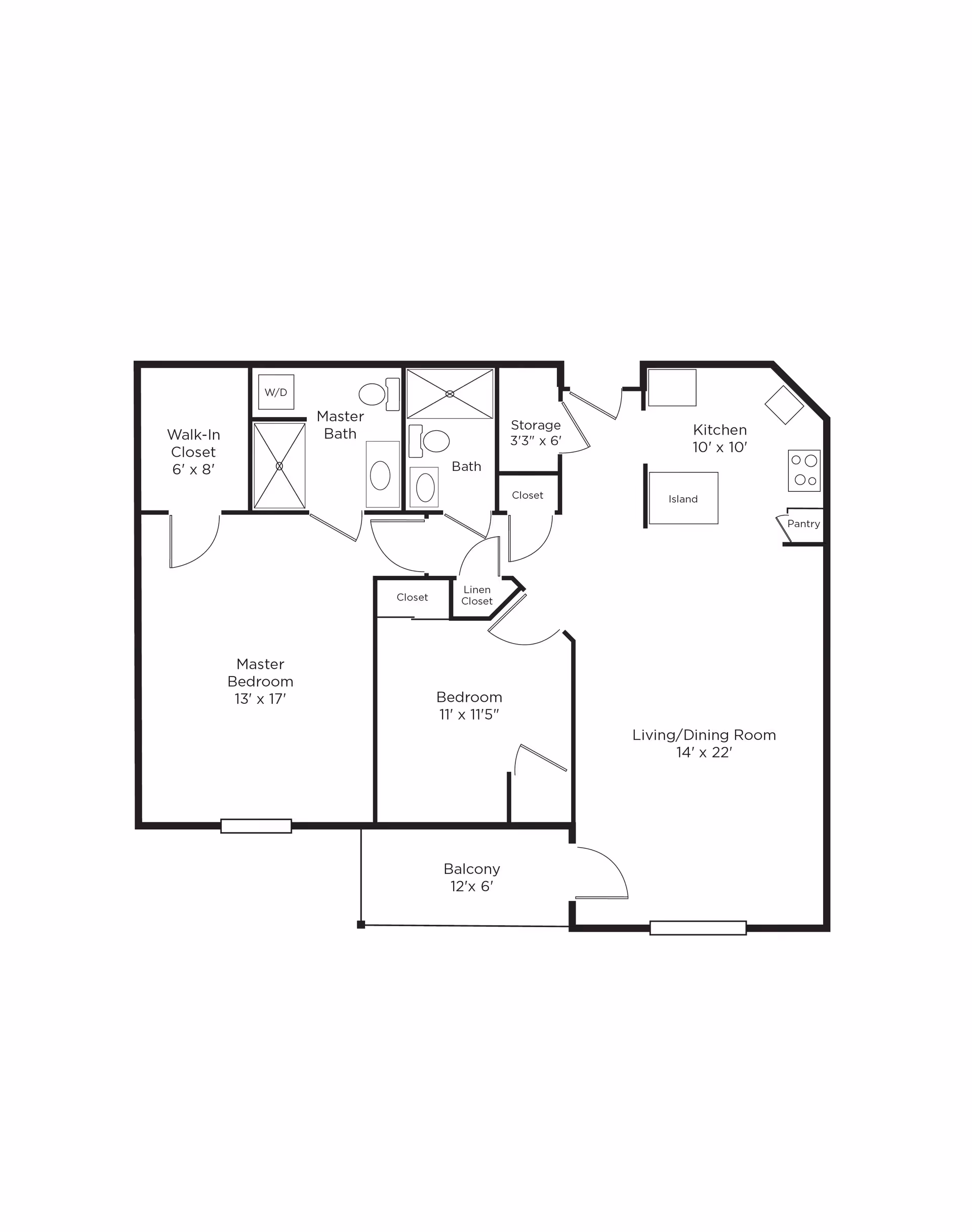 Floor plan of a two-bedroom apartment at Wellington at Hershey's Mill, featuring a master bedroom with walk-in closet and master bath, a second bedroom, a second bathroom, a kitchen with island and pantry, a living/dining room area, storage, linen closet, and a balcony.