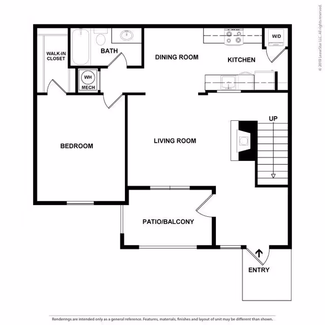 Architectural floor plan of a one-bedroom apartment at Alden Courts of Waterford, showing a bedroom with walk-in closet, bathroom, dining room, kitchen with washer/dryer, living room, patio/balcony, and entry with stairs going up.