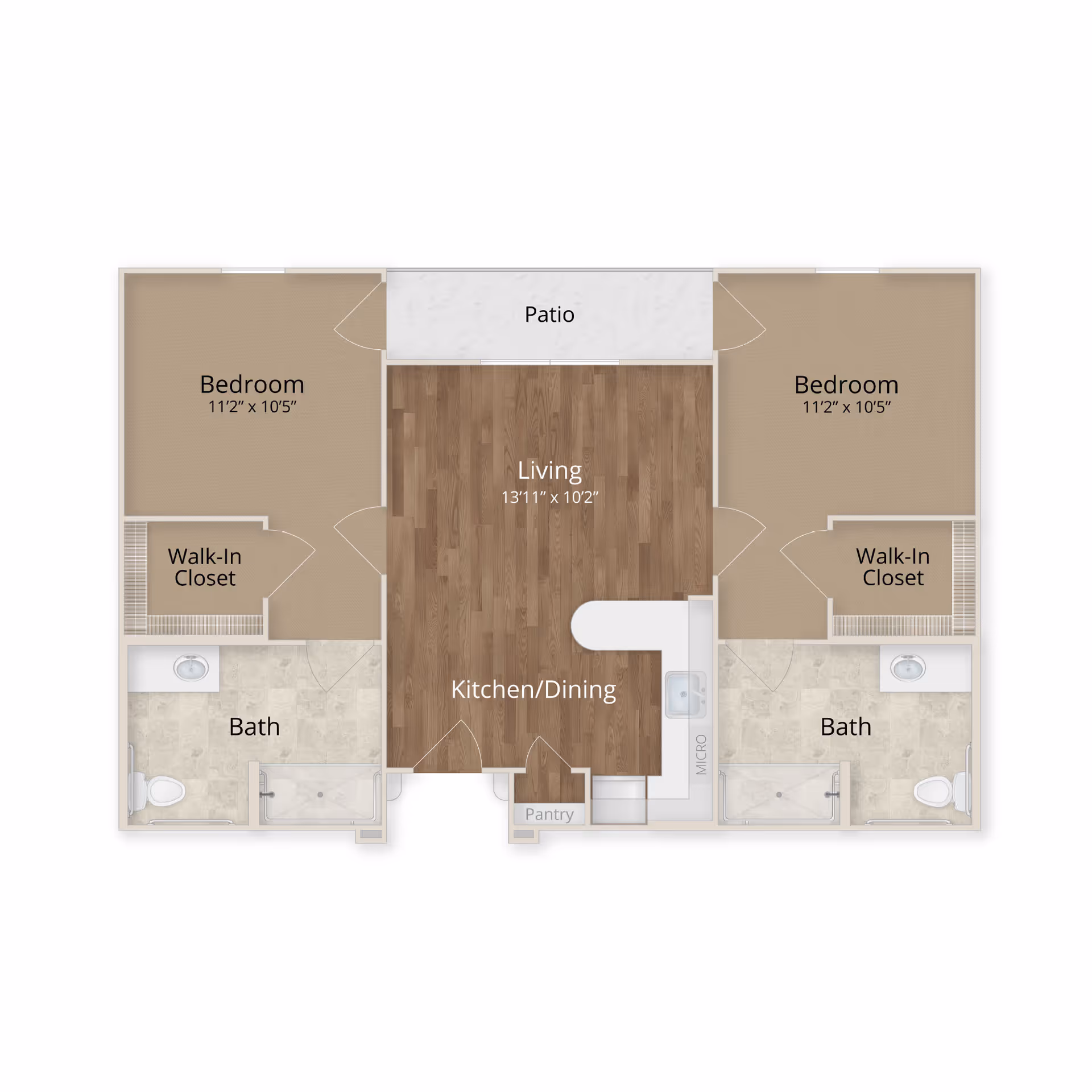 Floor plan of a two-bedroom senior living apartment featuring two bedrooms each with a walk-in closet and attached bathroom, a central living area measuring 13'11" x 10'2", a kitchen/dining area with pantry and microwave, and a patio accessible from the living room.