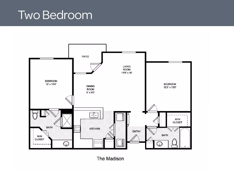 Floor plan of a two-bedroom apartment named The Madison, showing two bedrooms, two bathrooms, a kitchen, dining room, living room, entry, patio, and walk-in closets.