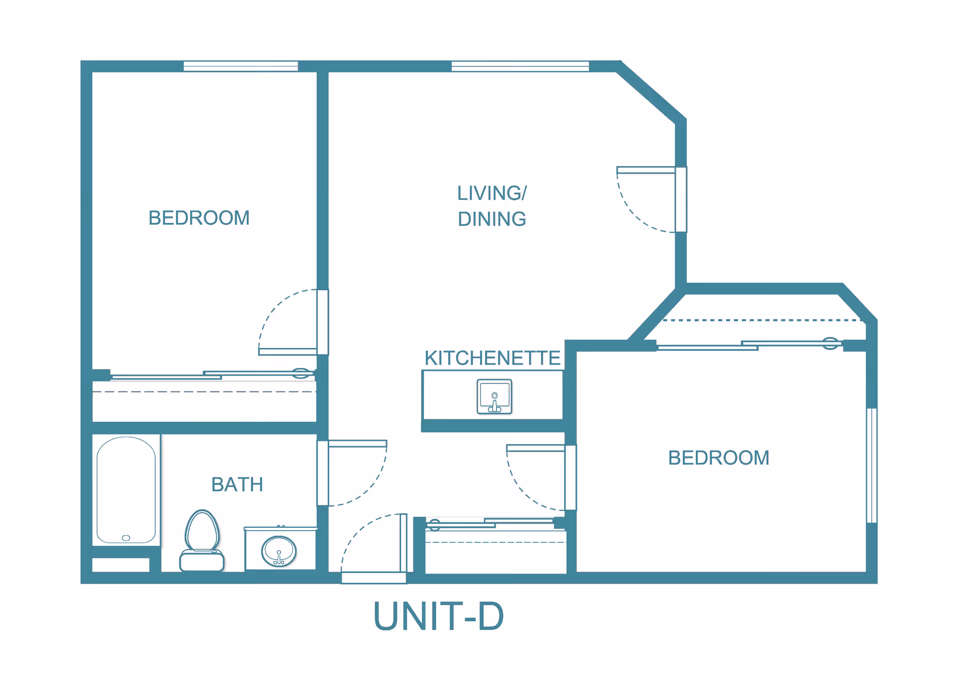 Floor plan of Unit-D at The Chateau de Boise showing two bedrooms, a bath with bathtub, toilet, and sink, a kitchenette with a sink, and a combined living and dining area.