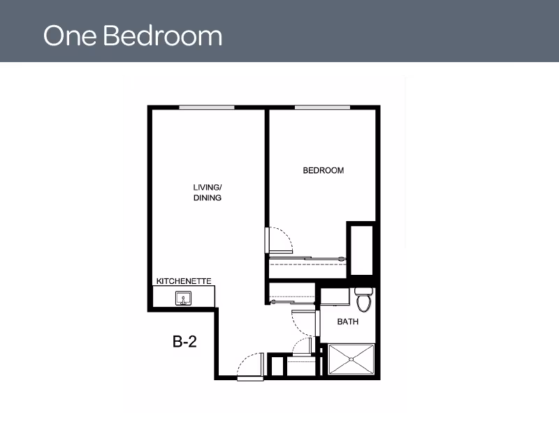 Floor plan of a one-bedroom apartment labeled B-2 at Laurel Grove by Barclay House, showing a living/dining area with kitchenette, a bedroom, and a bathroom.