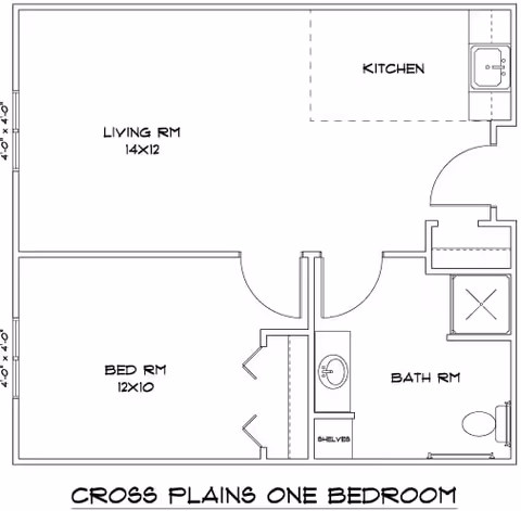 Black-and-white floor plan labeled 'Cross Plains One Bedroom' showing a living room, bedroom, kitchen, bathroom, closets, and room dimensions.