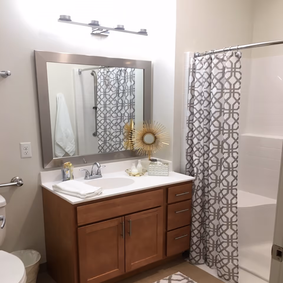 A clean bathroom featuring a wooden vanity with sink and mirror, decorative accessories, and a shower with a gray patterned curtain.