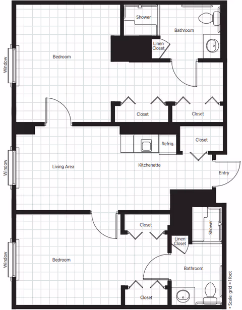 Architectural floor plan of a senior living unit at Belmont Village Senior Living Hollywood Hills, showing two bedrooms, two bathrooms with showers, a living area, kitchenette with refrigerator, multiple closets including linen closets, and an entry door. Windows are indicated in the bedrooms and living area.